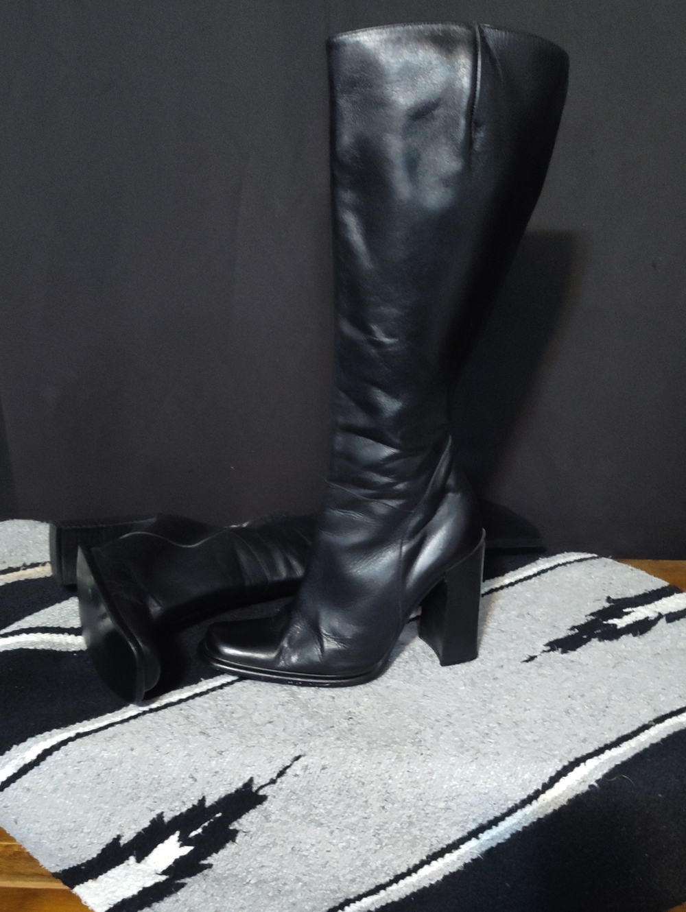 *DUNE *Black Leather Knee-High Block Heel Boots